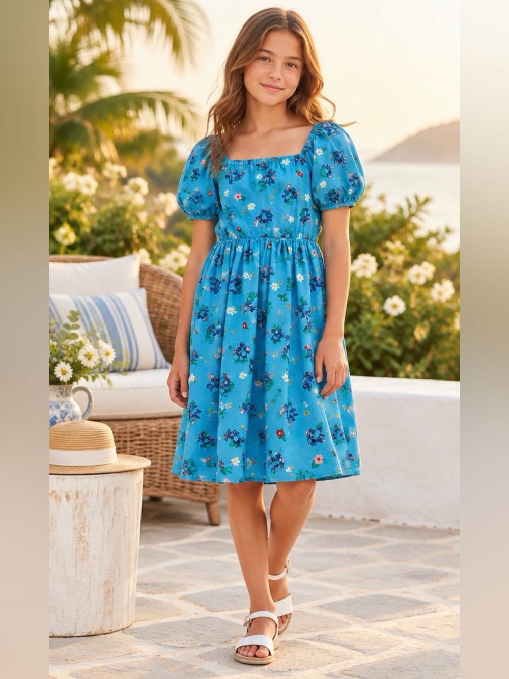 Disney Stitch Girls Blue Tropical Floral Puff Sleeve Dress Size L (10-12 years)